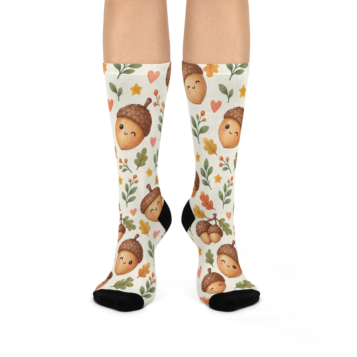 Cute Acorn Faces Cushioned Crew Socks | Autumn Leaves Pattern