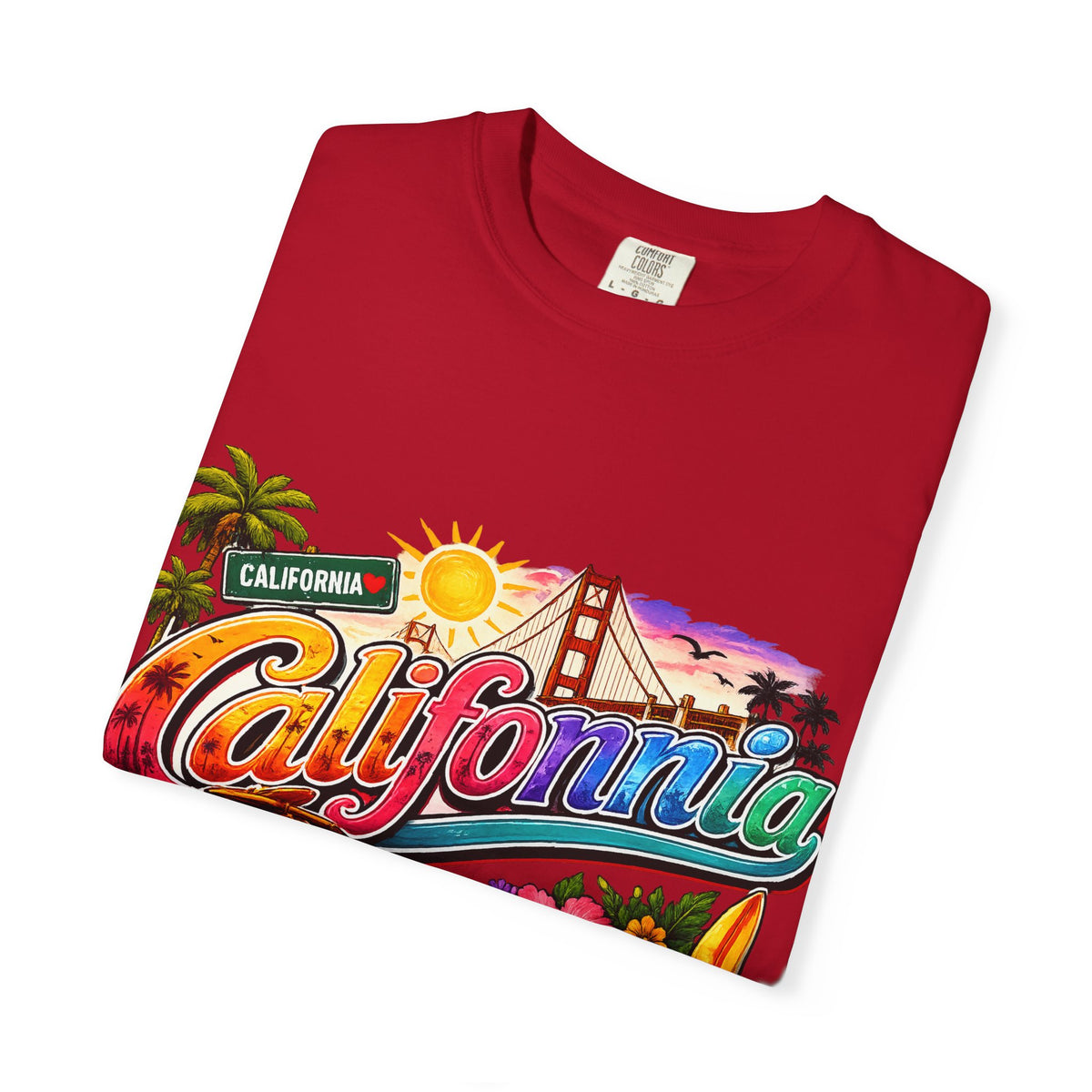California Retro Sunset T-shirt | Golden Gate, Palm Trees & Surf