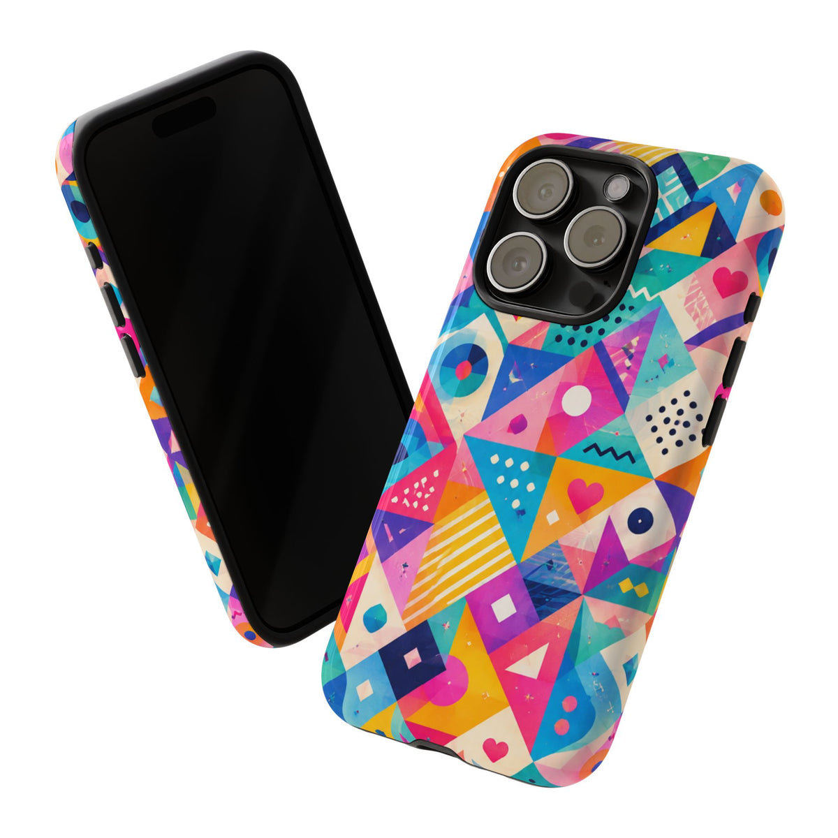 Colorful Geometric Tough Phone Case — Bright Abstract Heart & Triangle Pattern