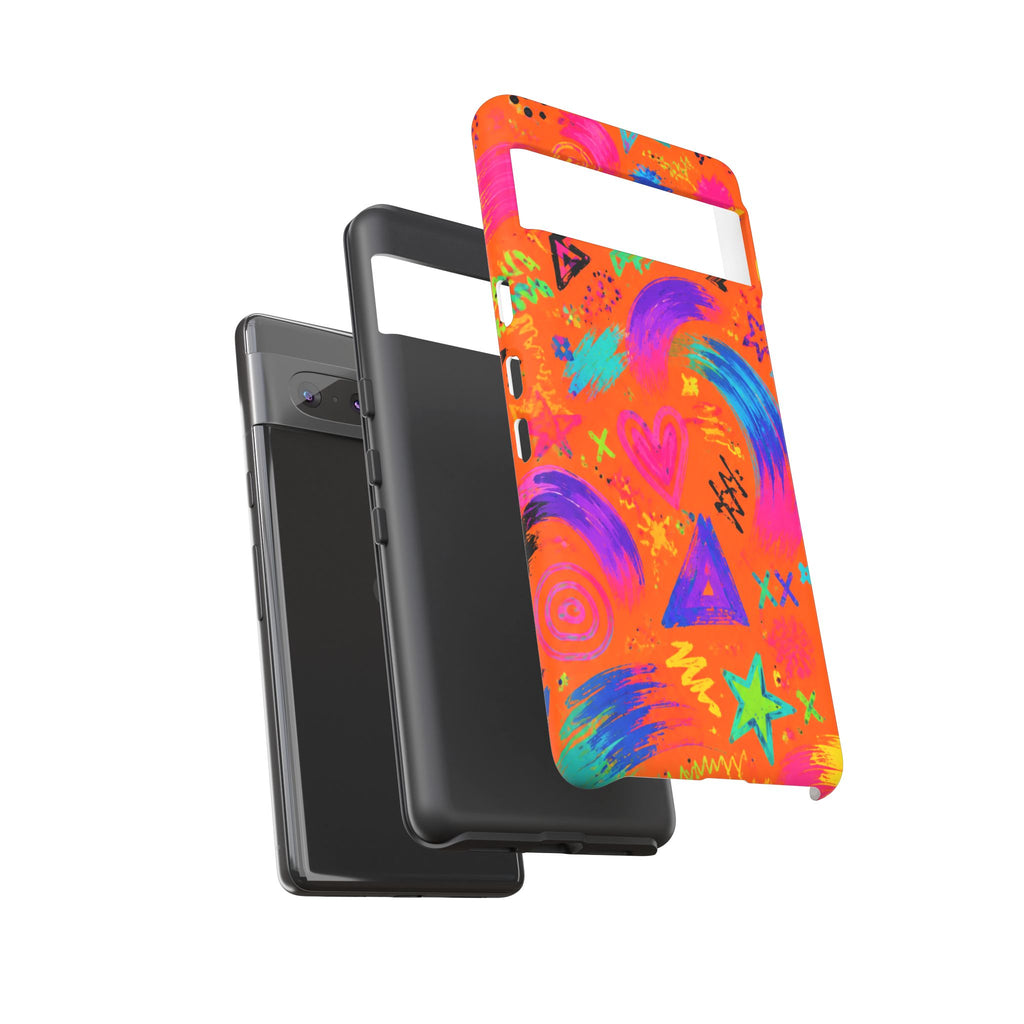 Colorful Neon Doodle Phone Case — Bright Abstract Stars & Hearts Tough Case
