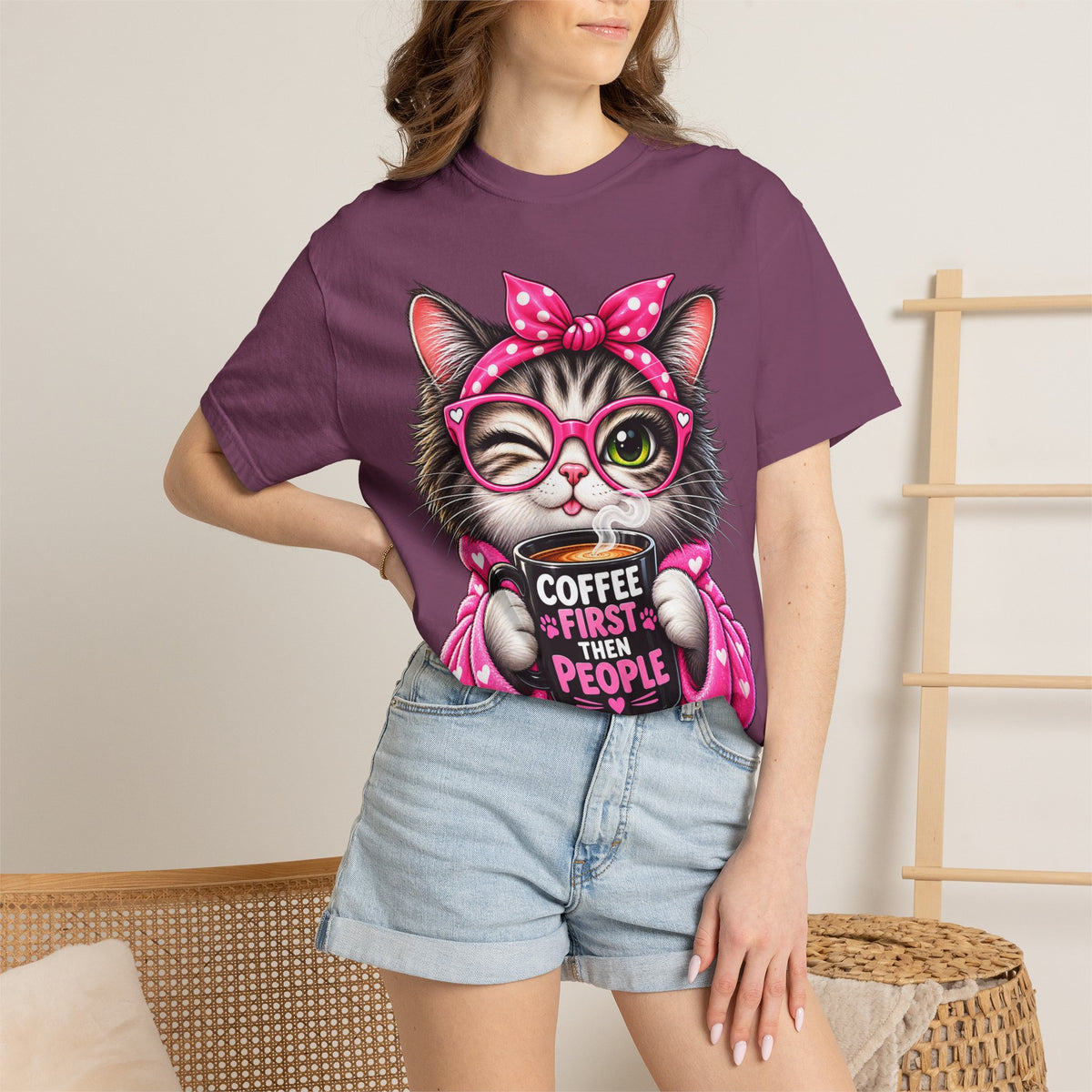 Cat Coffee Tee — "Coffee First Then People" Cute Cat Graphic T-Shirt