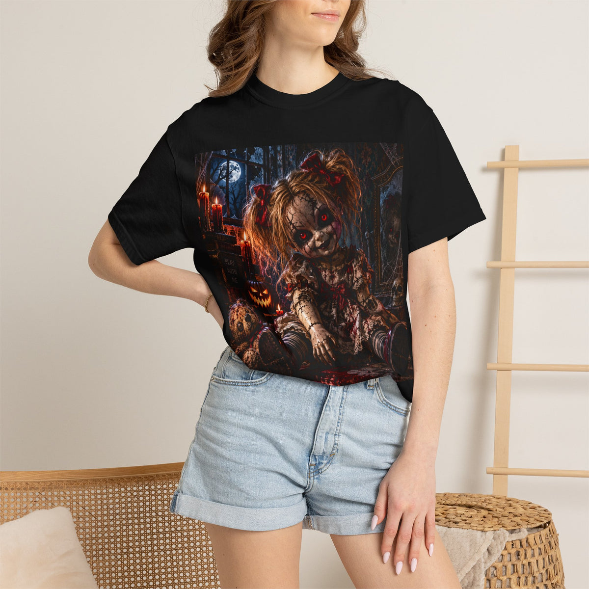 Horror Doll T-Shirt — Creepy Halloween Pumpkin Doll Graphic Tee