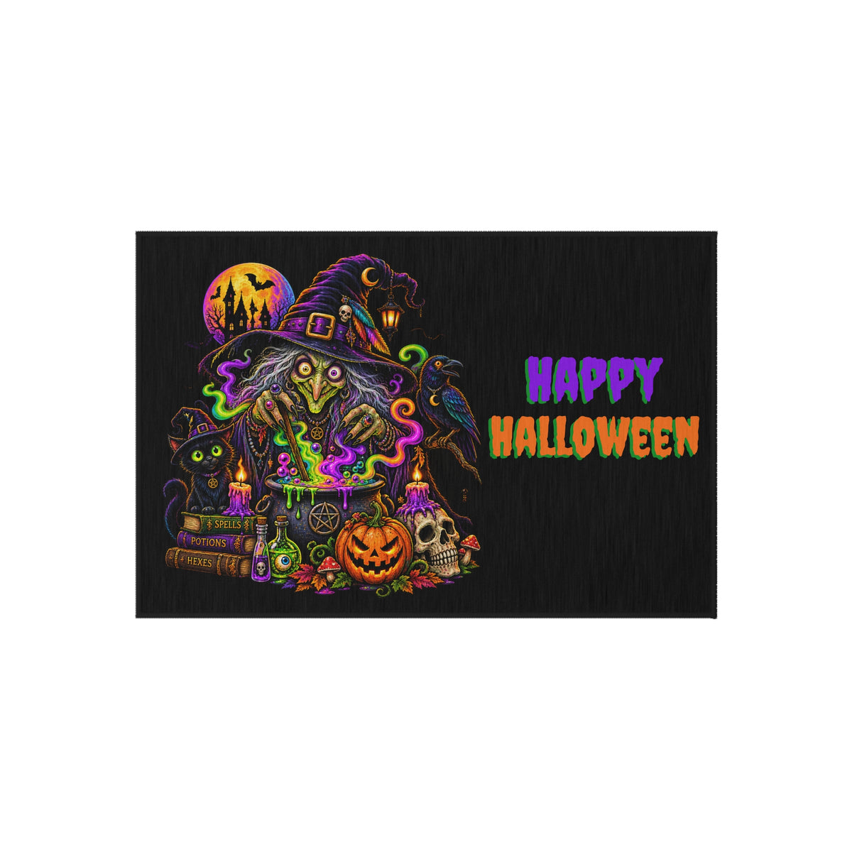 Halloween Witch Outdoor Rug — "Happy Halloween" Spooky Porch Mat