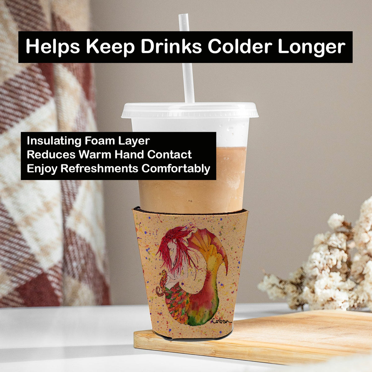 Red Headed Ginger Mermaid on Coral Red Cup Hugger Sleeve for 16–22 oz Party Cups, Insulated Foam Drink Holder for Iced Coffee, Tailgate & BBQ Reusable