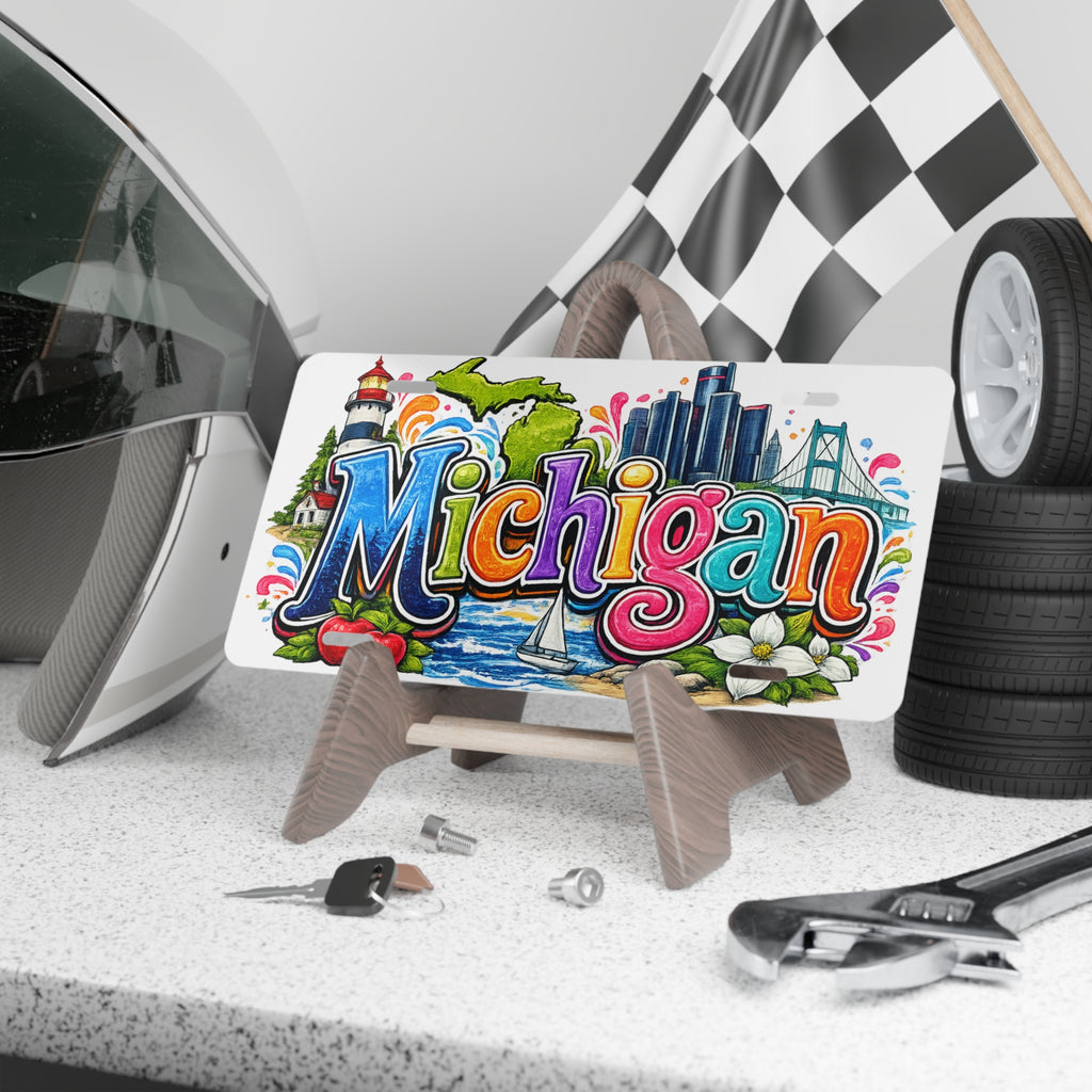 Michigan colorful skyline & icons Vanity Plate | state license decor