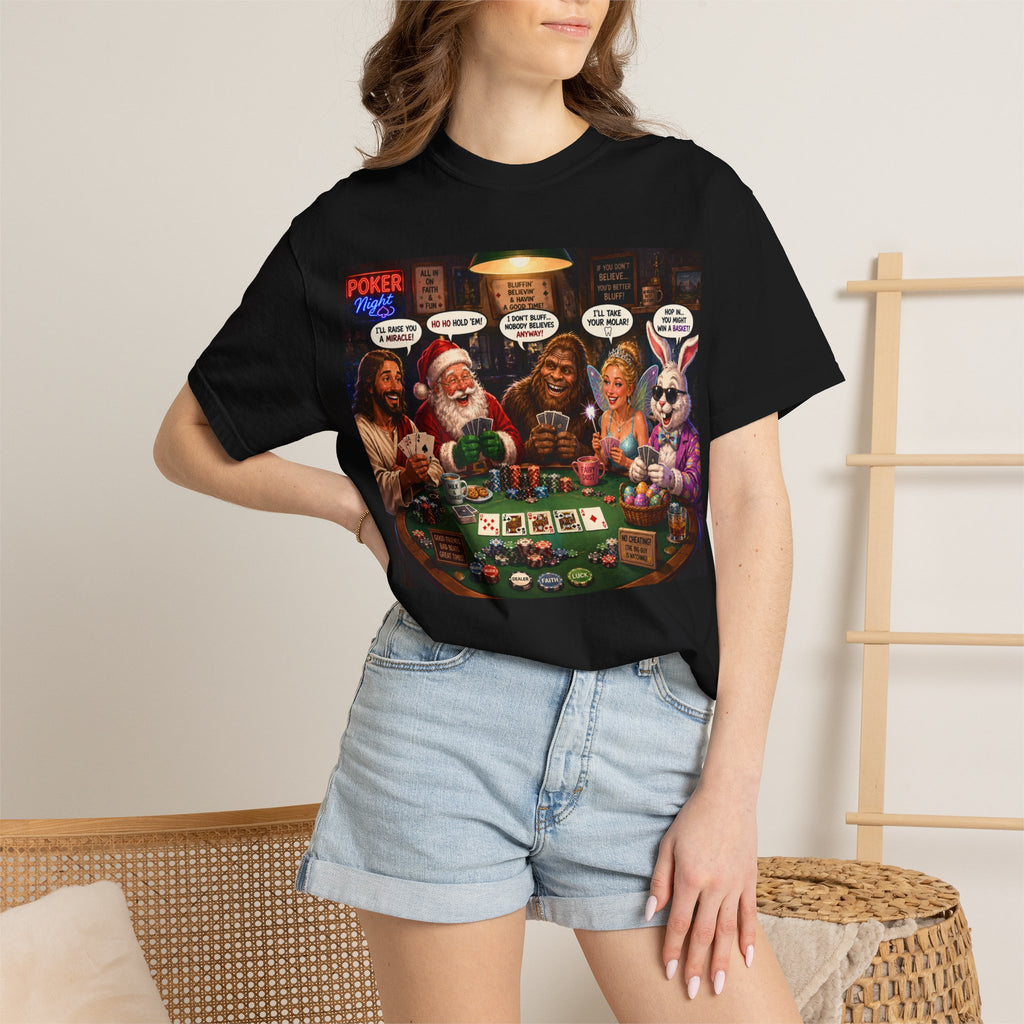 Poker Night Holiday T‑Shirt — Santa, Jesus & Bunny at the Poker Table Graphic Tee