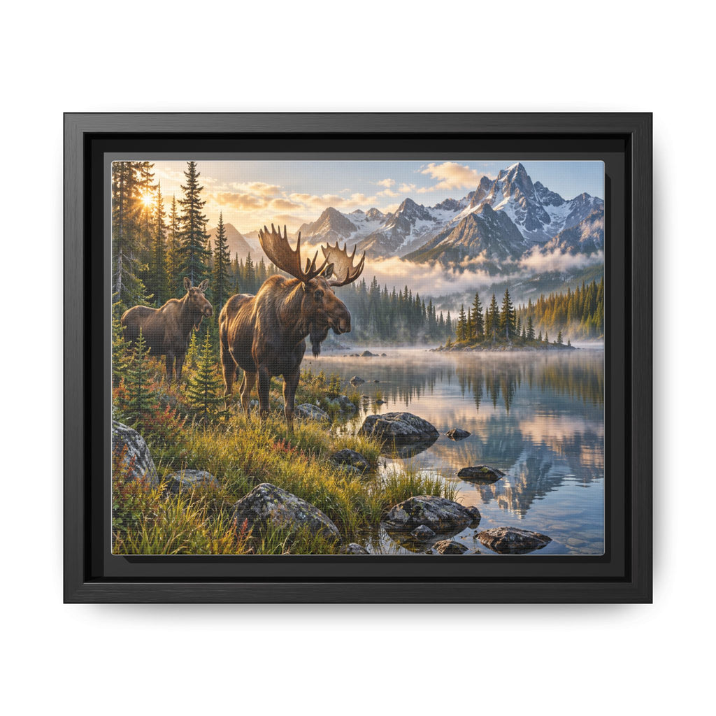 Framed Moose Canvas Wall Art — Mountain Lake Nature Print