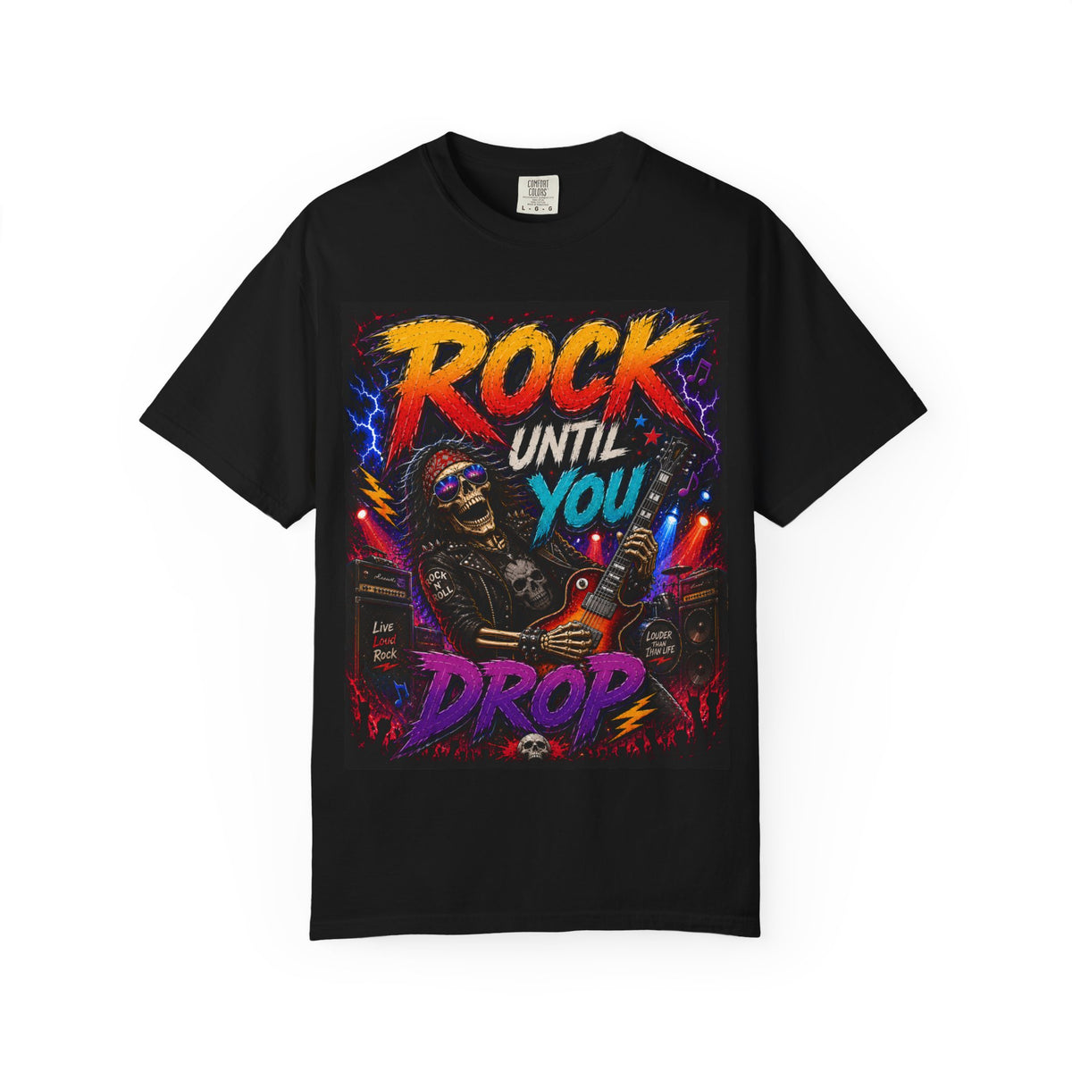 Rock Until You Drop T-shirt | Guitar Skeleton Concert Tee
