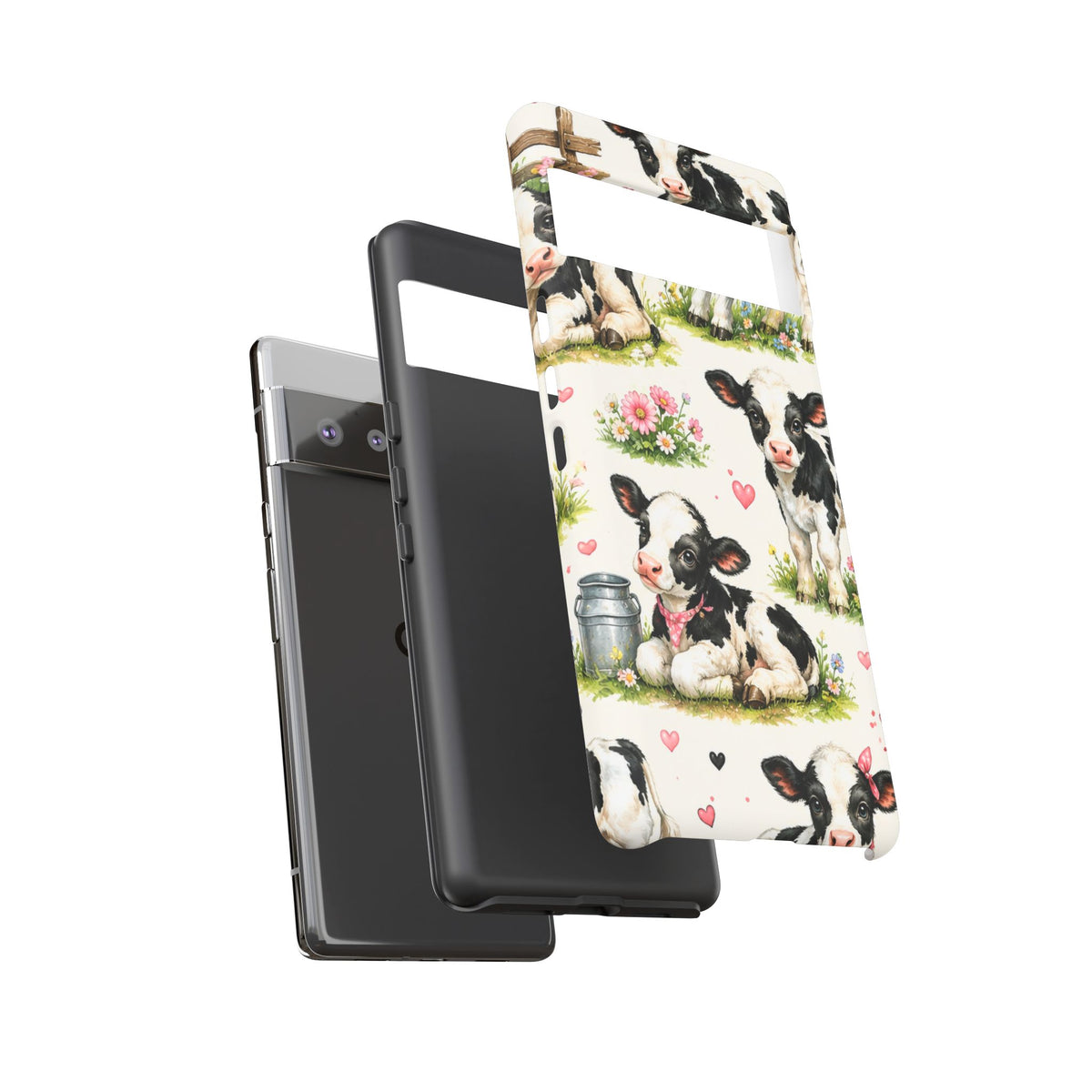 Cute Calf Pattern Phone Case – Pastel Cow Hearts & Flowers Protective Cover