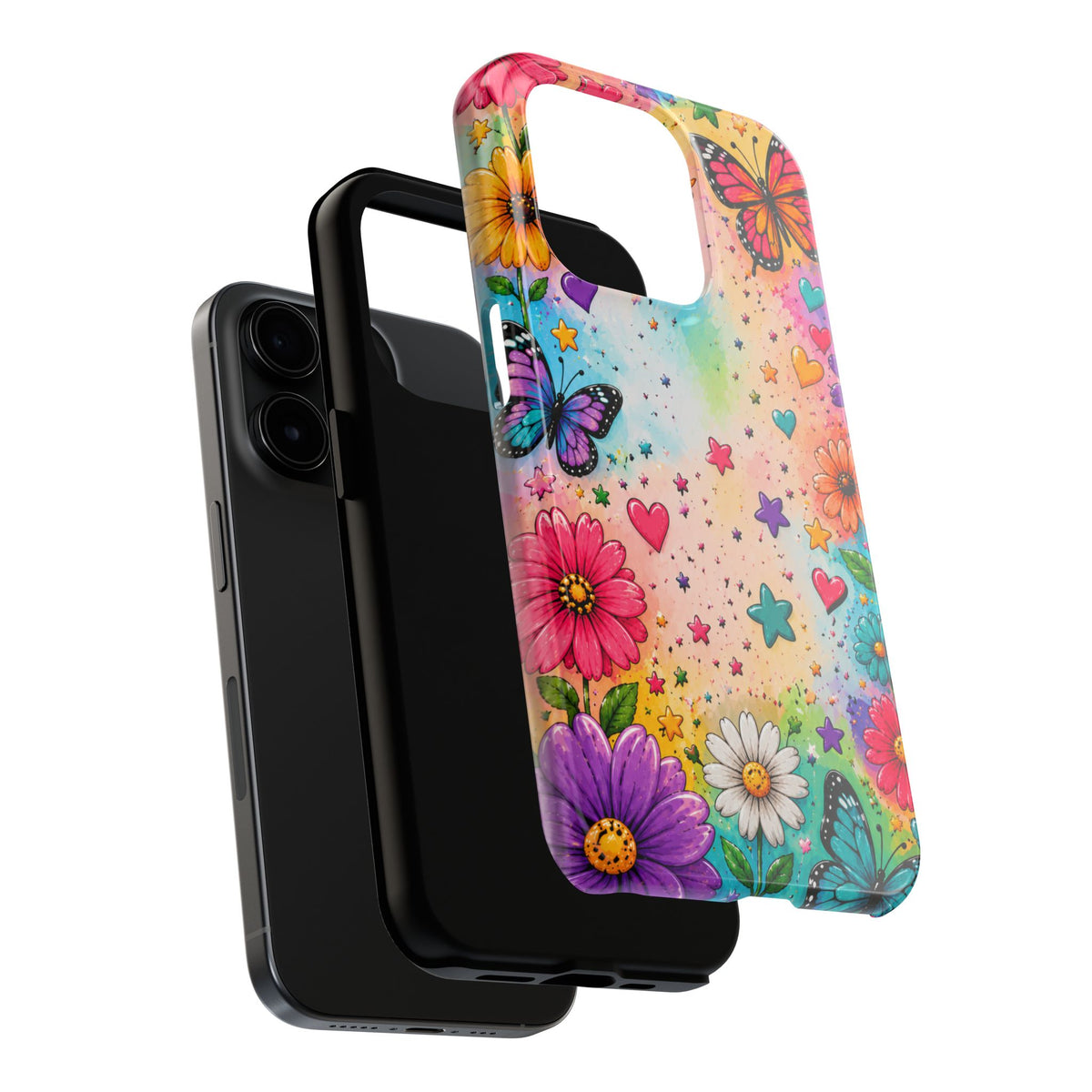 Colorful Butterflies and Flowers Tough Phone Case | Rainbow Hearts Stars