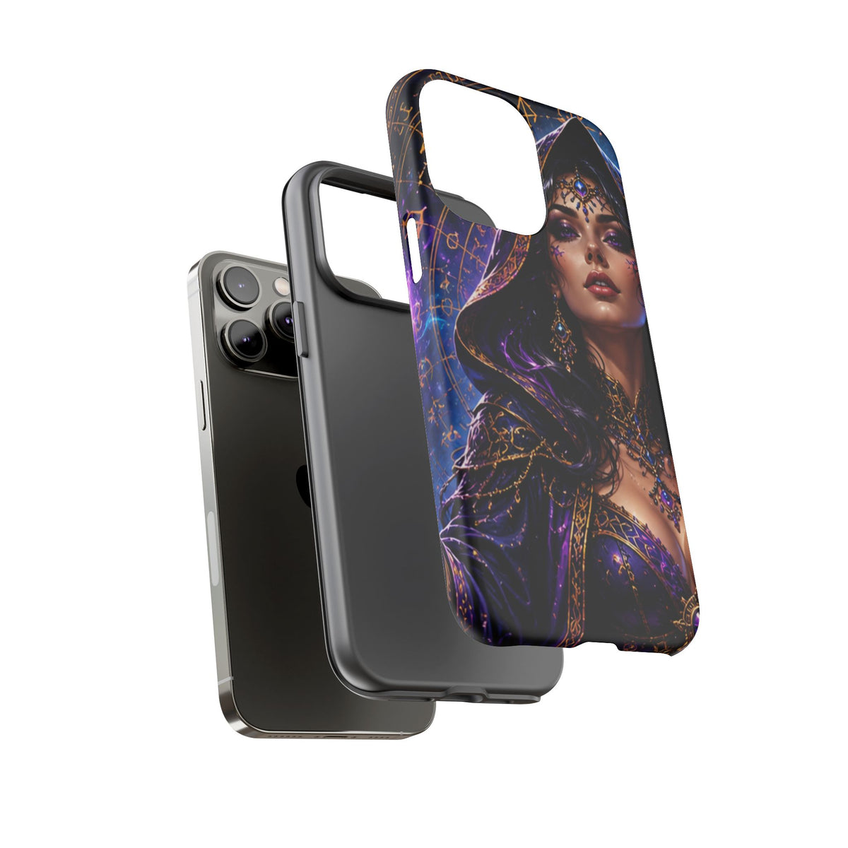 Phone Case — Mystical Sorceress Art Protective Tough Case (Astrology, Purple Hooded Witch)