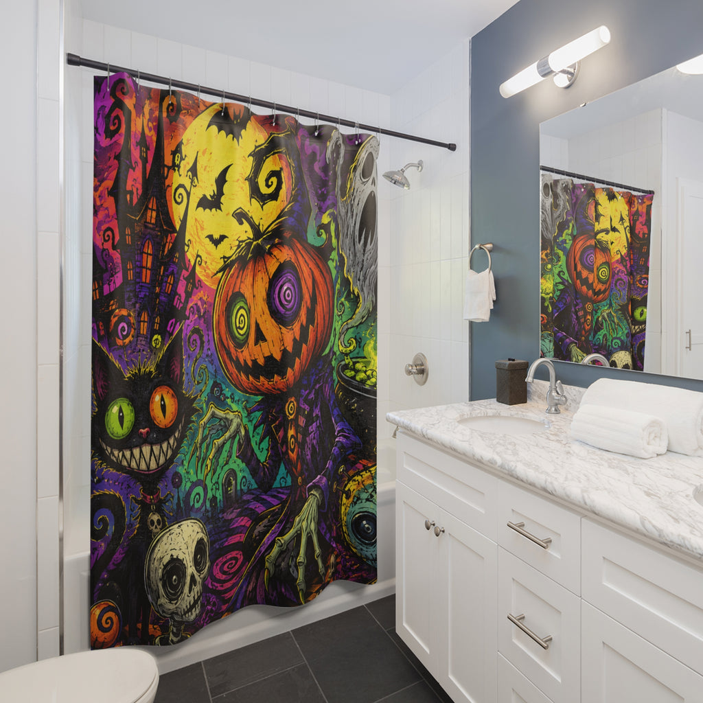 Halloween Pumpkin Scarecrow Shower Curtain - Spooky Neon Haunted Bath Decor