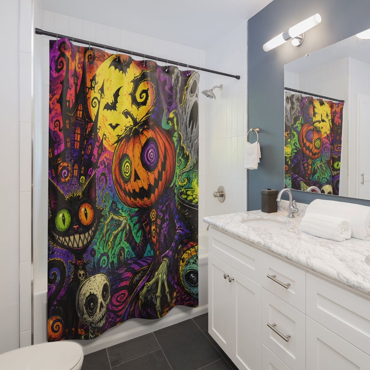 Halloween Pumpkin Scarecrow Shower Curtain - Spooky Neon Haunted Bath Decor