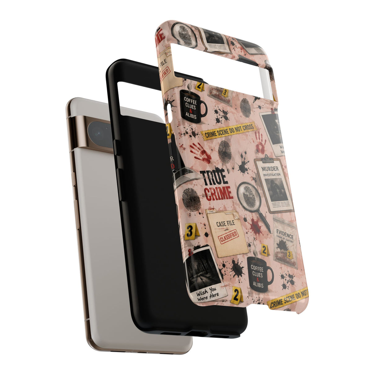 True Crime Pattern Phone Case – Detective Evidence, Crime Scene Tape & 'True Crime' Design