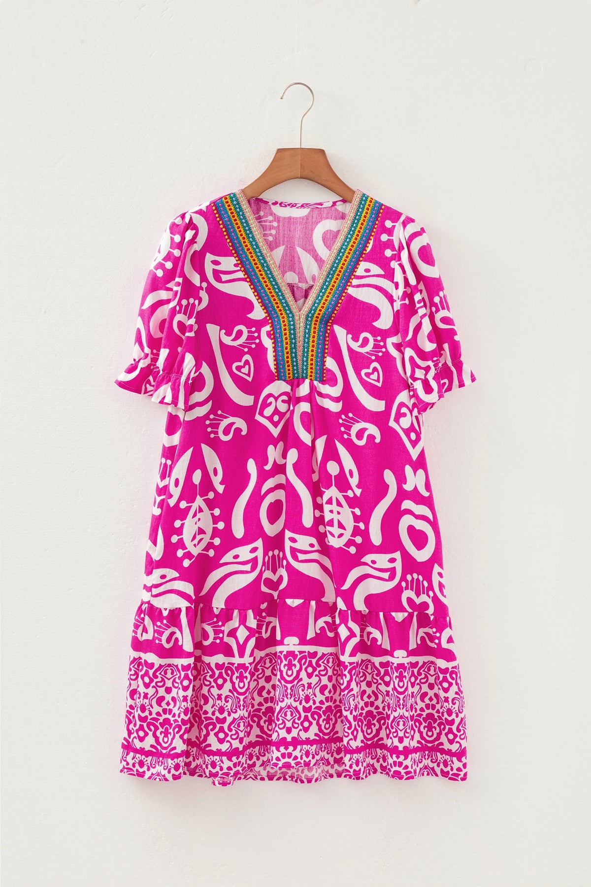 Boho Abstract Contrast Trim V-Neck Flared Dress