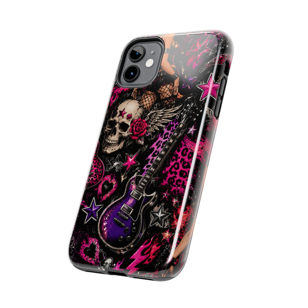 Rock Skull Guitar Phone Case — Edgy Pink Skull & Roses Tough Phone Case