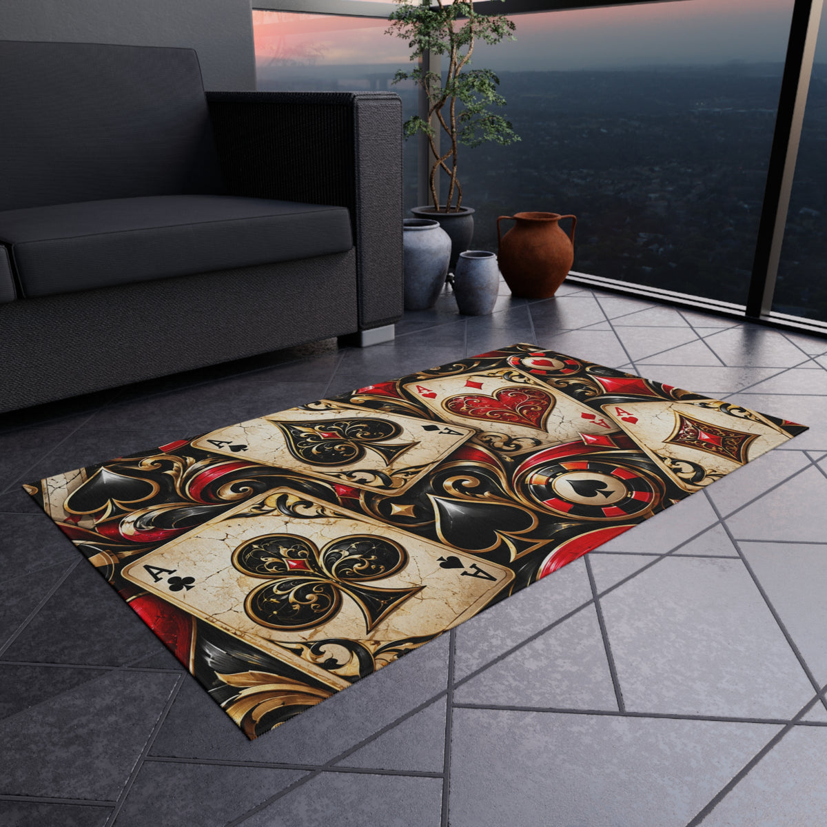 Vintage Playing Cards Outdoor Rug — Casino Poker Patio Mat