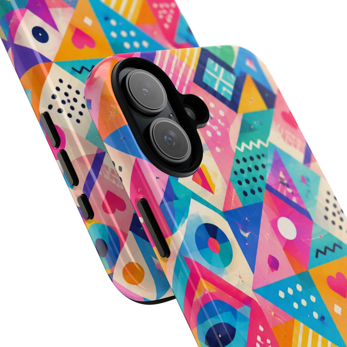 Colorful Geometric Tough Phone Case — Bright Abstract Heart & Triangle Pattern