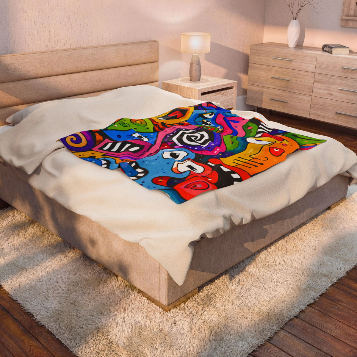 Abstract Pop Art Velveteen Plush Blanket — Colorful Psychedelic Faces Throw