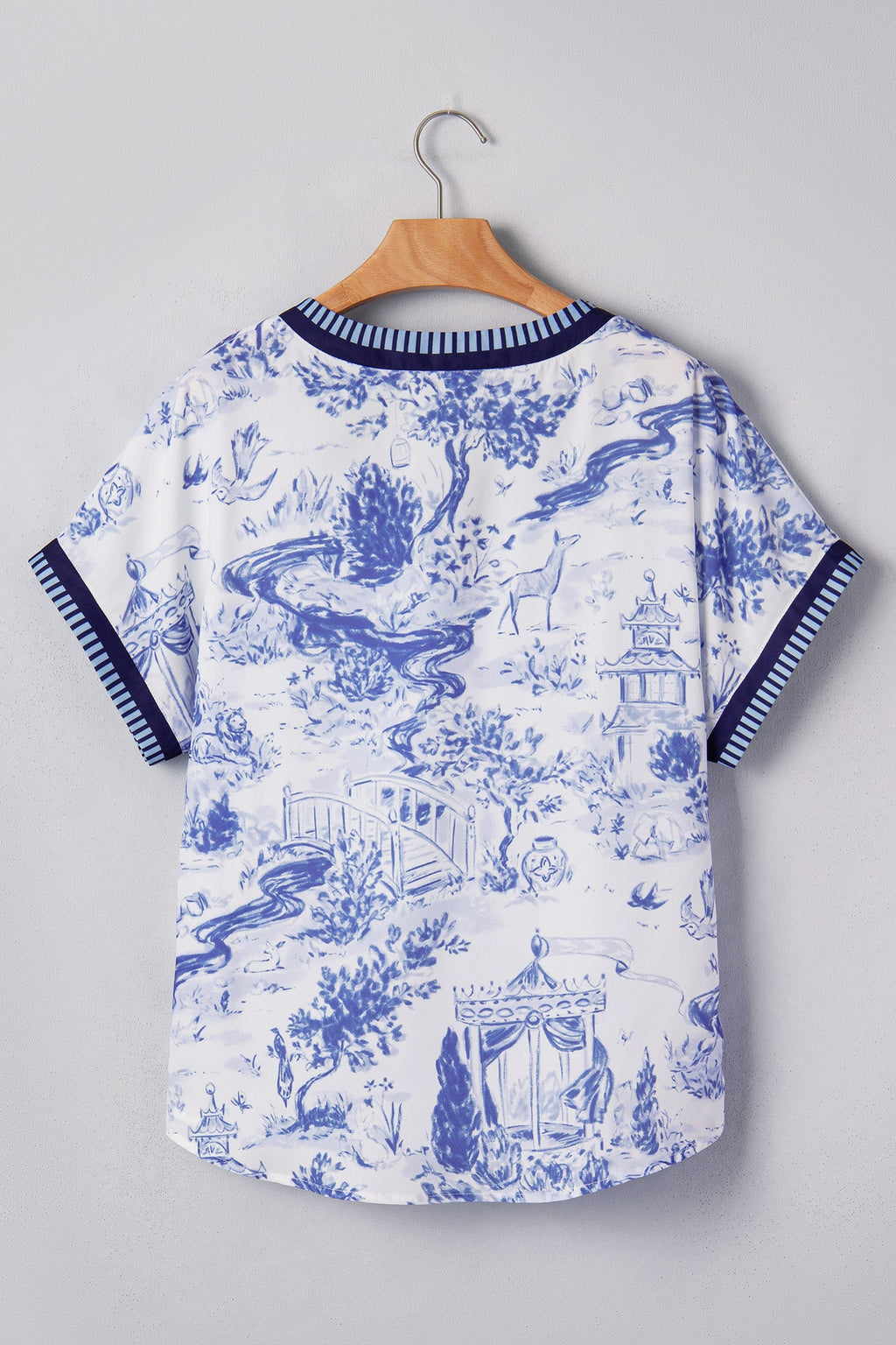 Floral Animal Stripe Trim V-Neck Short Sleeve Blouse