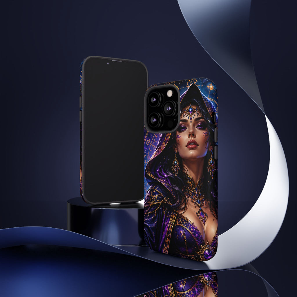Phone Case — Mystical Sorceress Art Protective Tough Case (Astrology, Purple Hooded Witch)
