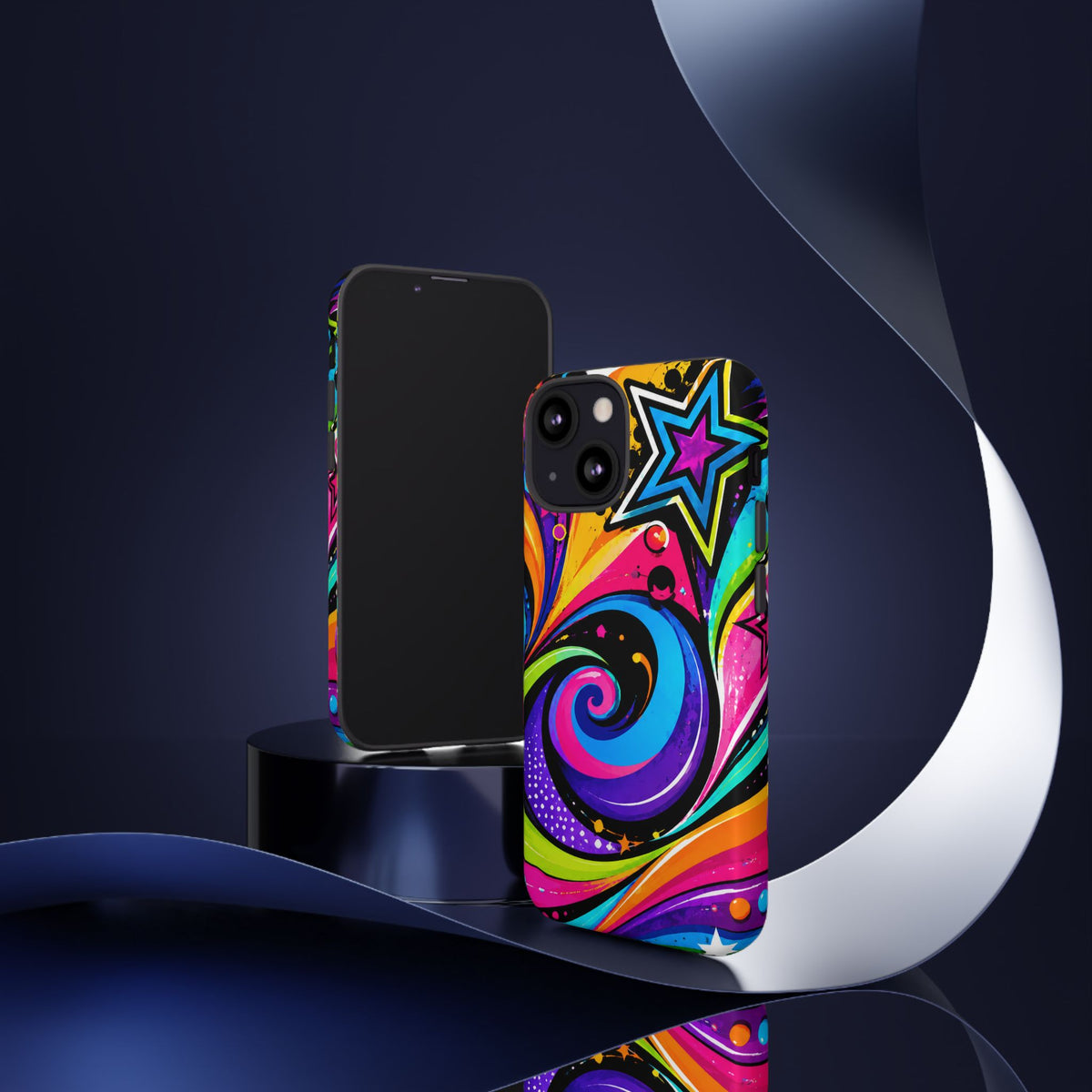 Psychedelic Swirl Phone Case — Bold Retro Stars & Neon Pop Art Tough Case