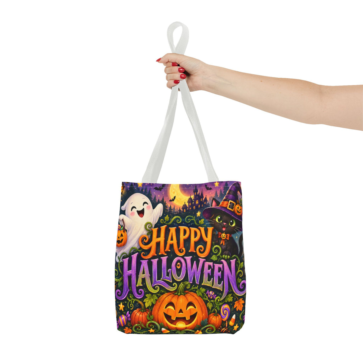 Halloween Tote Bag — Cute Ghost, Black Cat & Pumpkin Trick-or-Treat Candy Bag