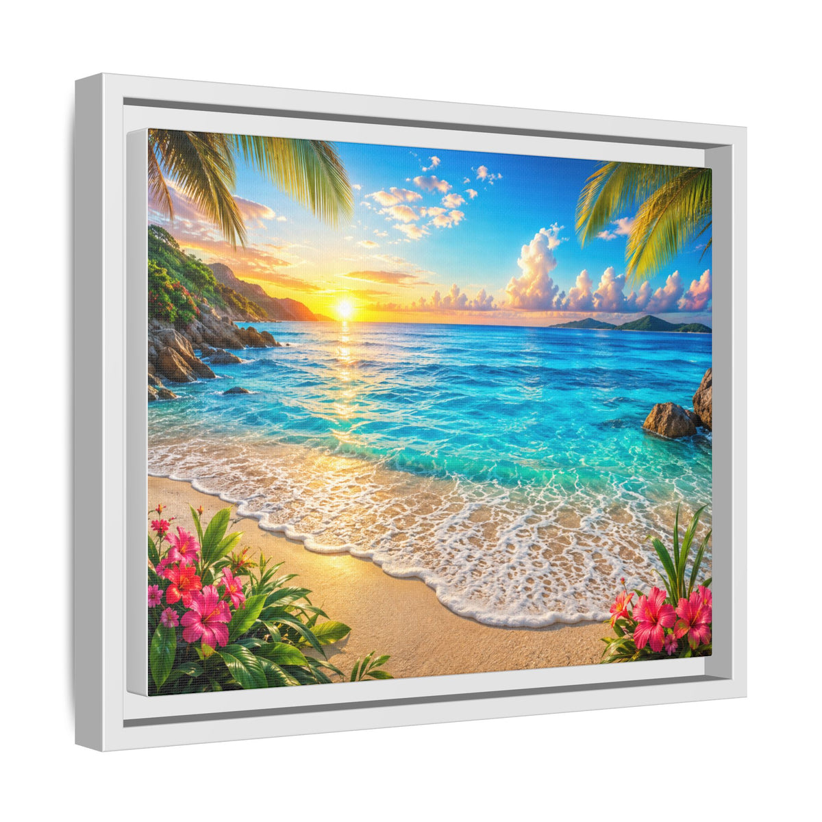 Framed Beach Sunset Matte Canvas Wall Art — Tropical Ocean Sunrise Decor