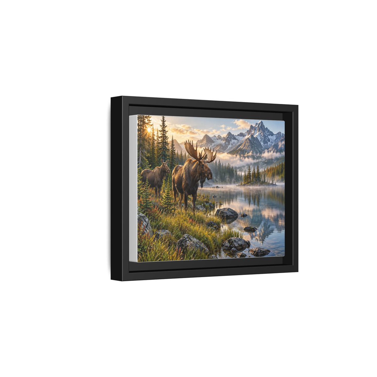 Framed Moose Canvas Wall Art — Mountain Lake Nature Print