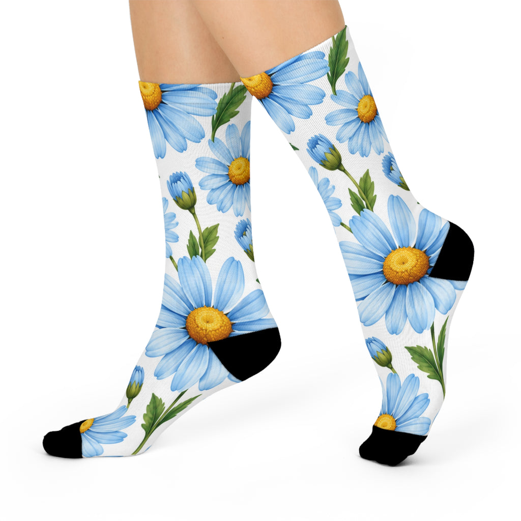 Daisy Bloom Cushioned Crew Socks — Blue Floral Comfort Socks