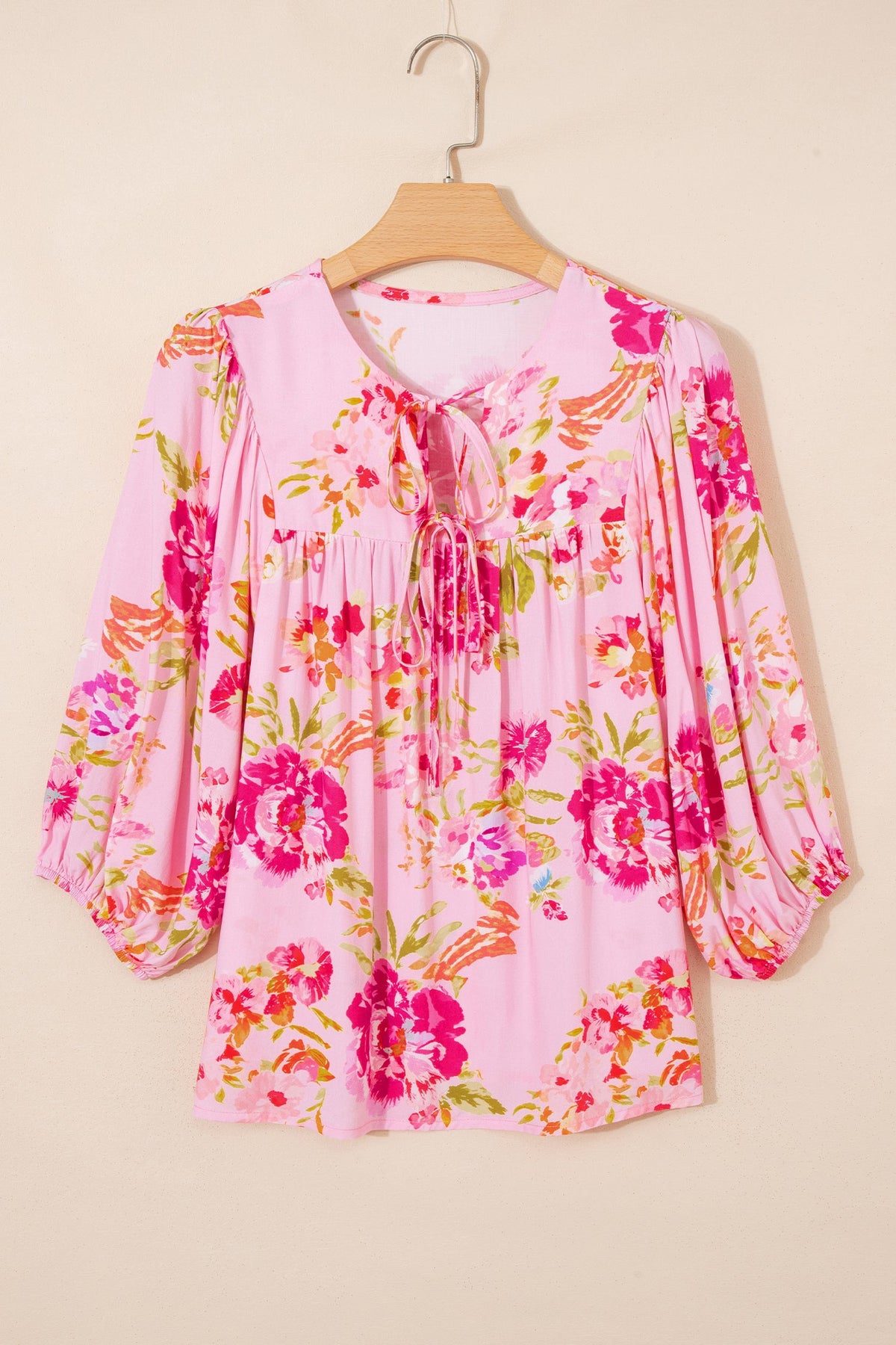 Floral Tie Neck 3/4 Puff Sleeve Blouse