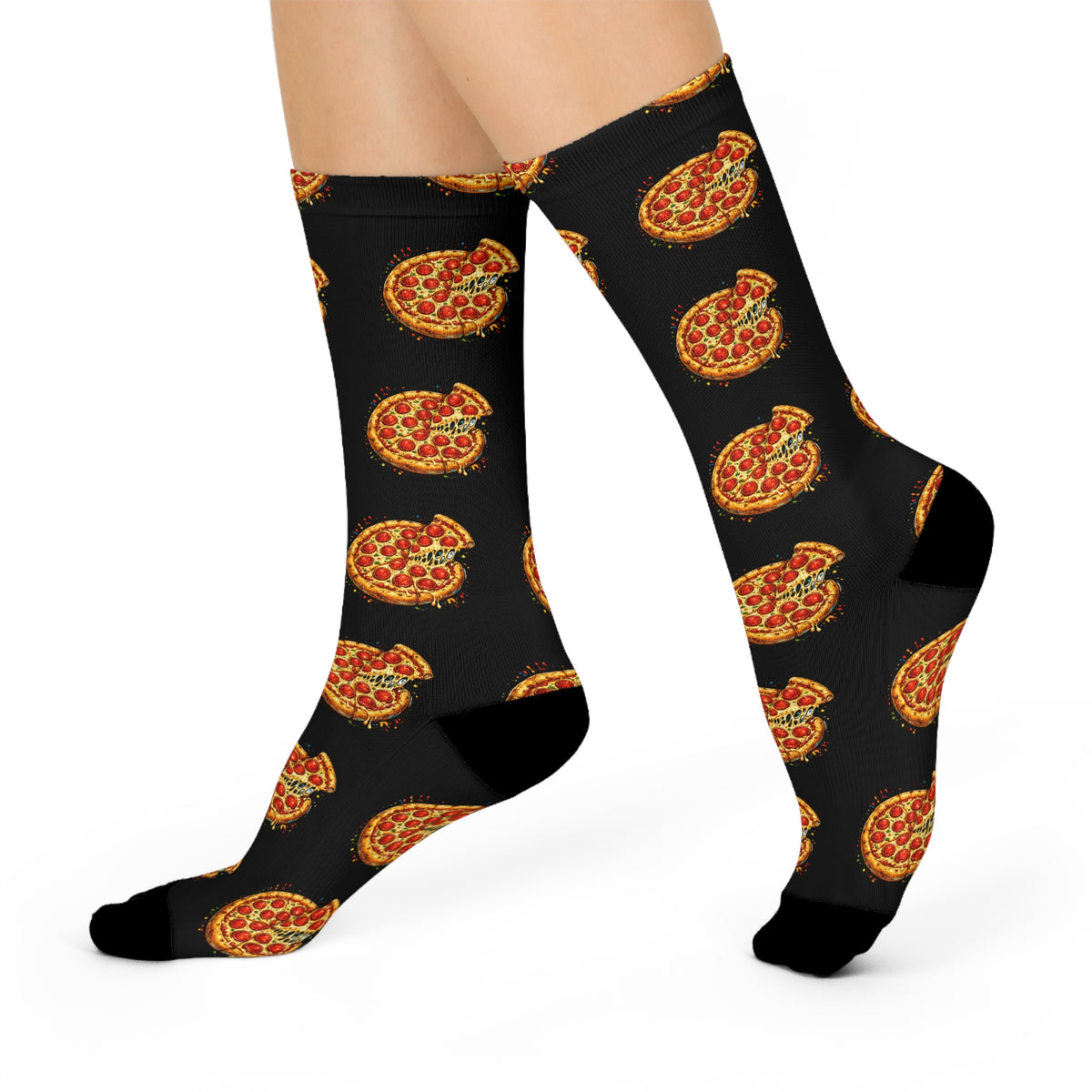 Pizza Pattern Crew Socks — Fun Black Cushioned Knee-High Socks