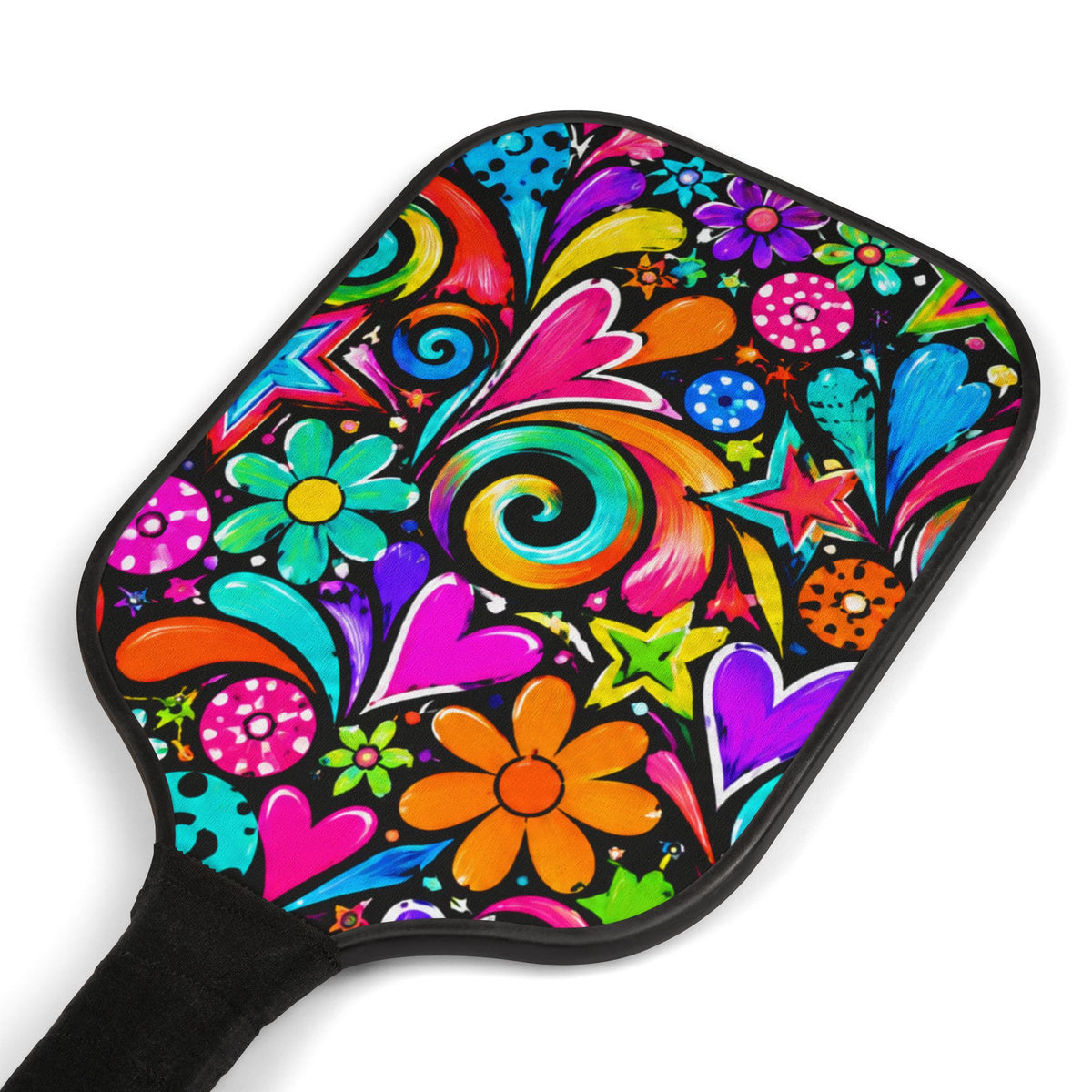 Floral Psychedelic Pickleball Paddles & Balls Set — Colorful Hearts & Flowers Design