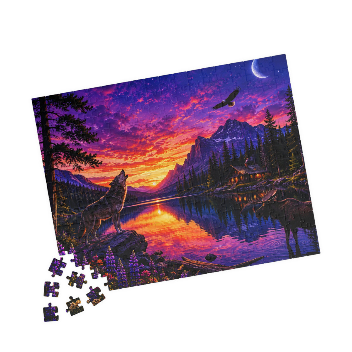 Sunset Wolves Lake Puzzle — Scenic Mountain Landscape Jigsaw (110–1014 pcs)