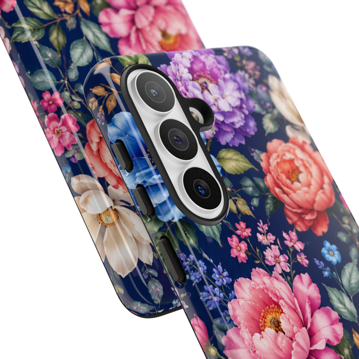 Floral Tough Phone Case – Vibrant Garden Flowers on Navy