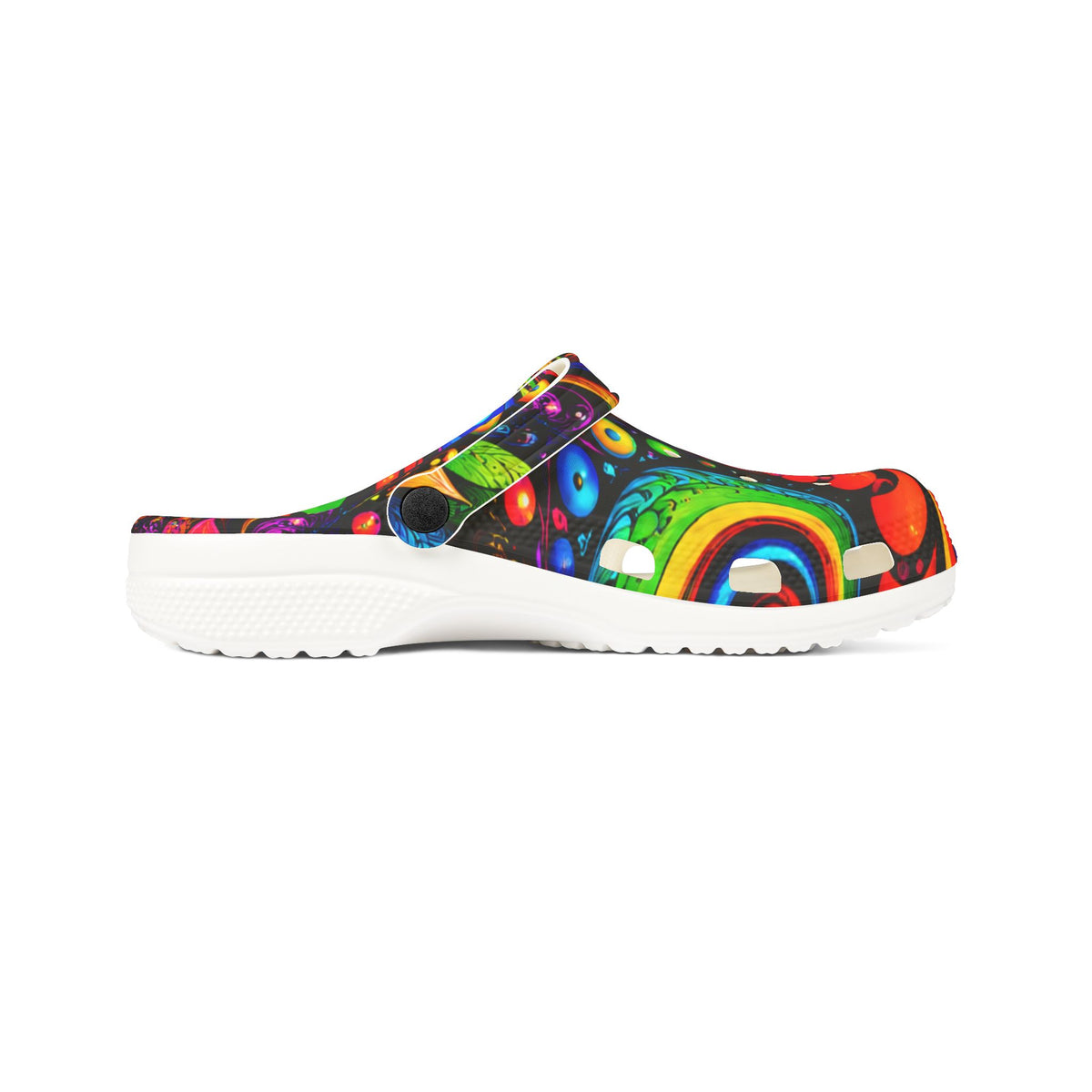 Colorful Psychedelic Foam Clogs — Vibrant Abstract Garden Slip-On Shoes