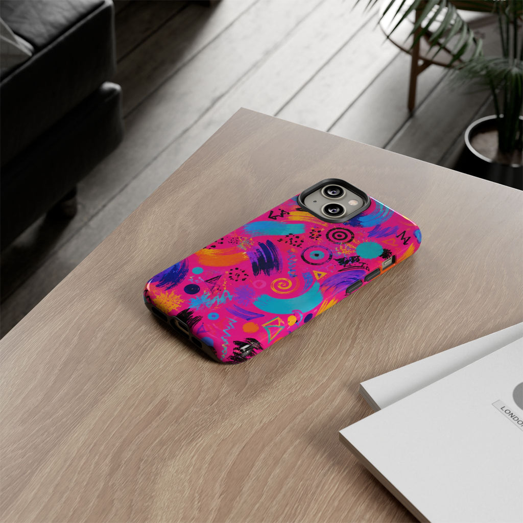 Neon Retro Abstract Tough Phone Case — 80s Brushstroke Pattern
