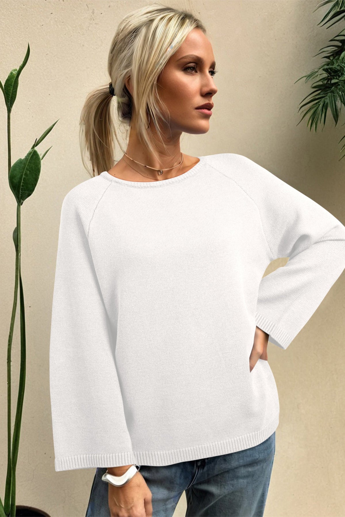 Solid Knit 3/4 Sleeve Dolman Sweater
