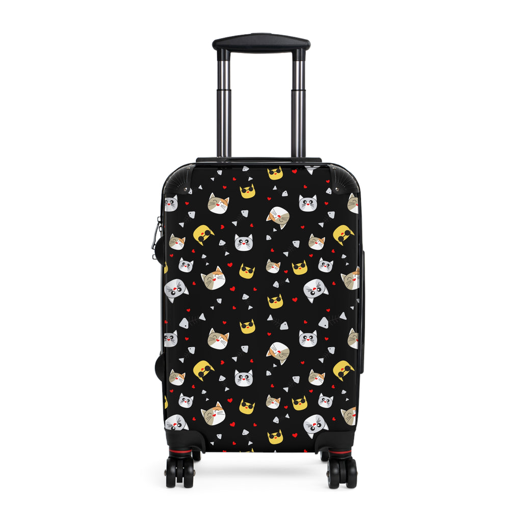 Cat Crown Print Suitcase — Cute Black Travel Luggage with Emoji Cat Pattern