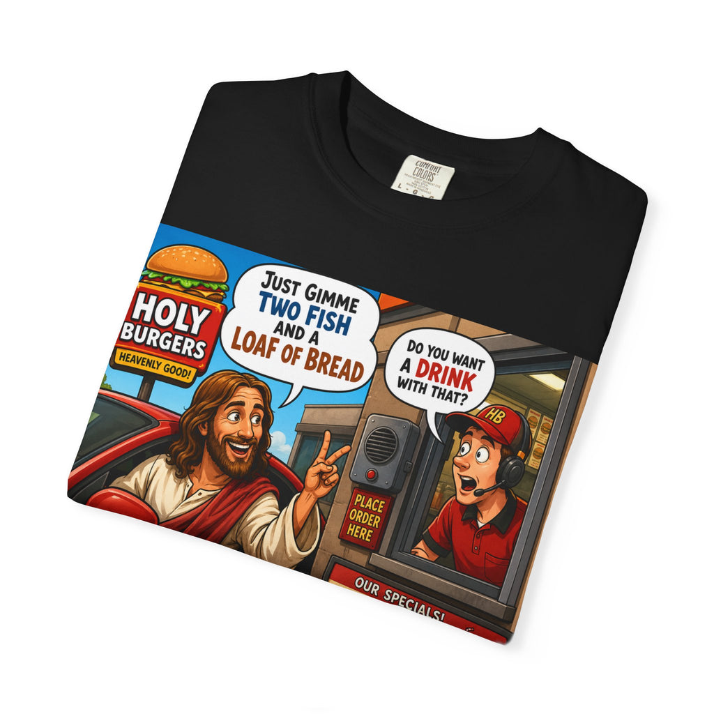 Jesus at Drive-Thru T-shirt | Holy Burgers Fast Food Cartoon