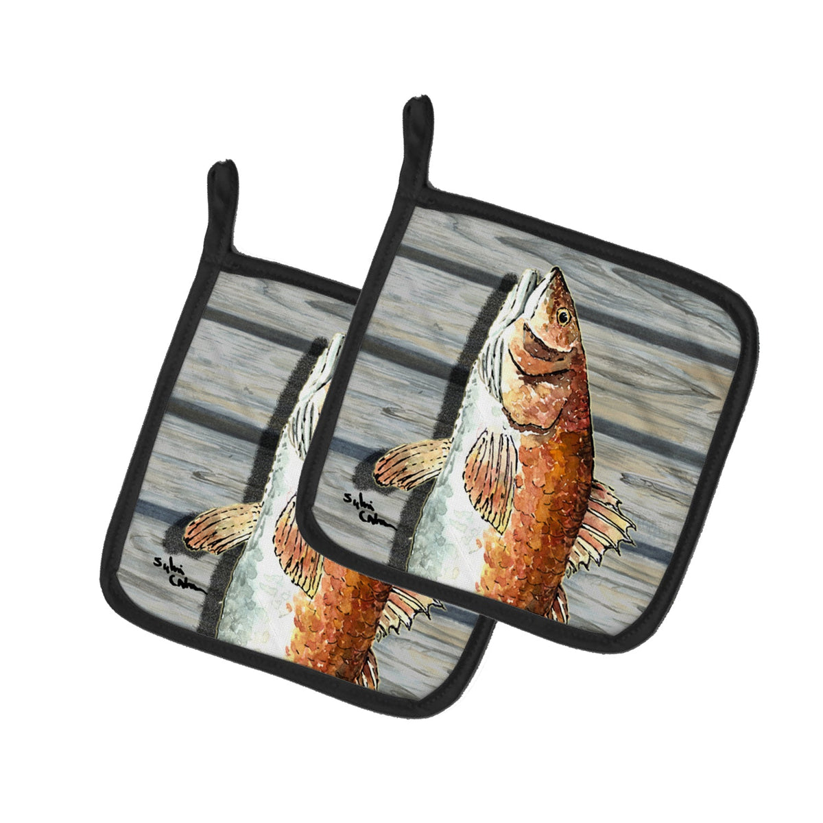 Red Fish Pot Holder Set of 2 Heat Resistant Quilted Hot Pads 7.5 x 7.5 Inch, Insulated Kitchen Trivets for Cooking & Baking