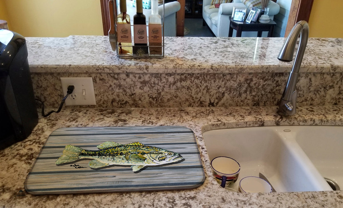 Small mouth Bass Fish on Pier Dish Drying Mat Absorbent Dish Drying Mat Pad for Kitchen Counter Dish Drainer Mat for Countertop, 14 x 21", Multicolor
