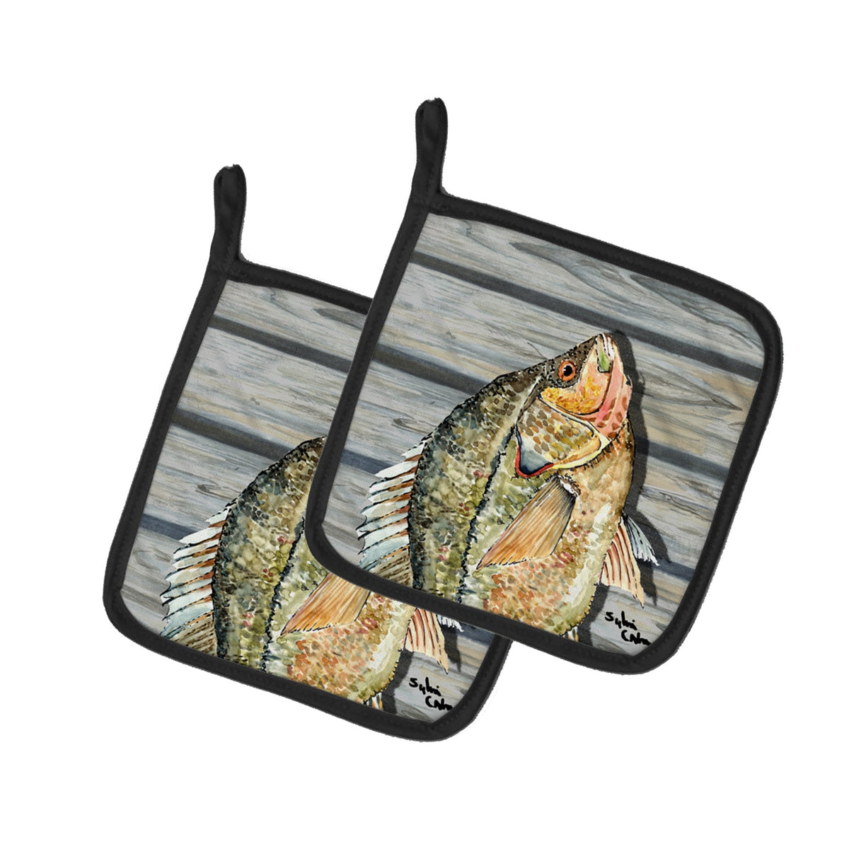 Croppie Fish on Pier Pot Holder Set of 2 Heat Resistant Quilted Hot Pads 7.5 x 7.5 Inch, Insulated Kitchen Trivets for Cooking & Baking
