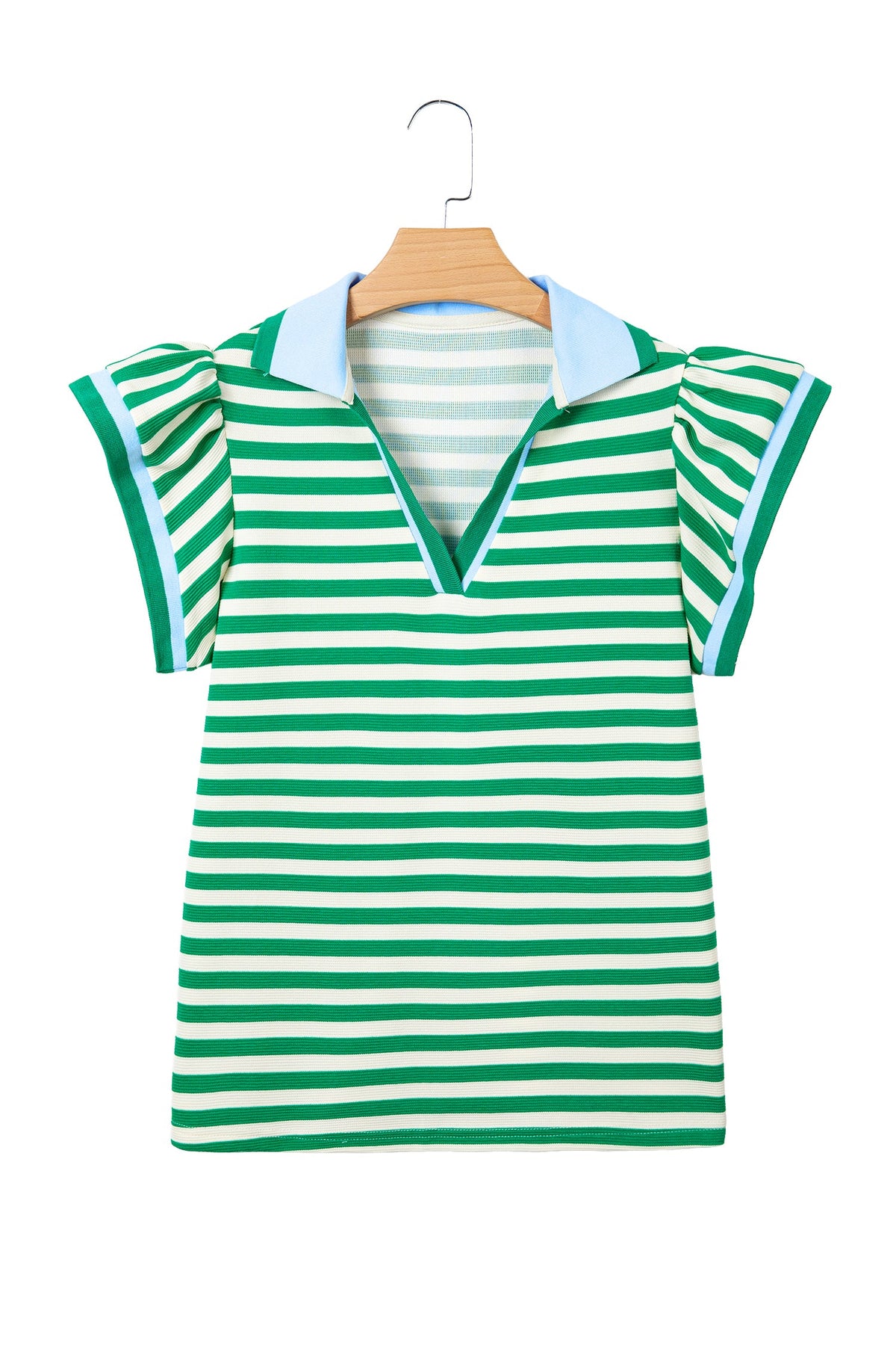 Stripe Contrast Trim Polo Collar Ruffle Sleeve Blouse