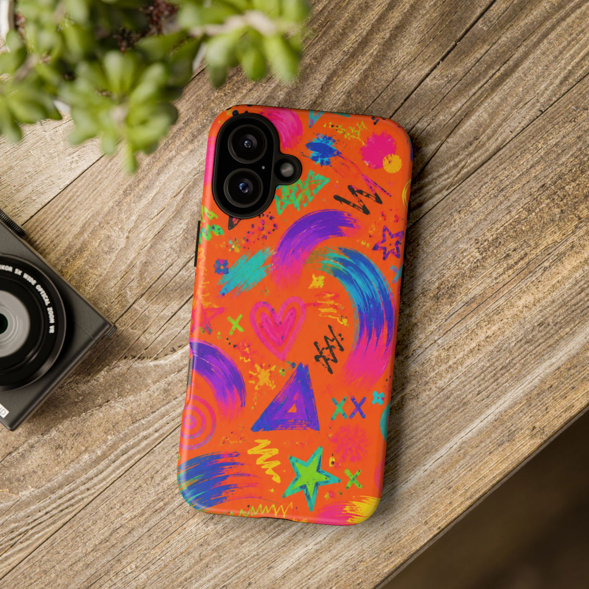 Colorful Neon Doodle Phone Case — Bright Abstract Stars & Hearts Tough Case