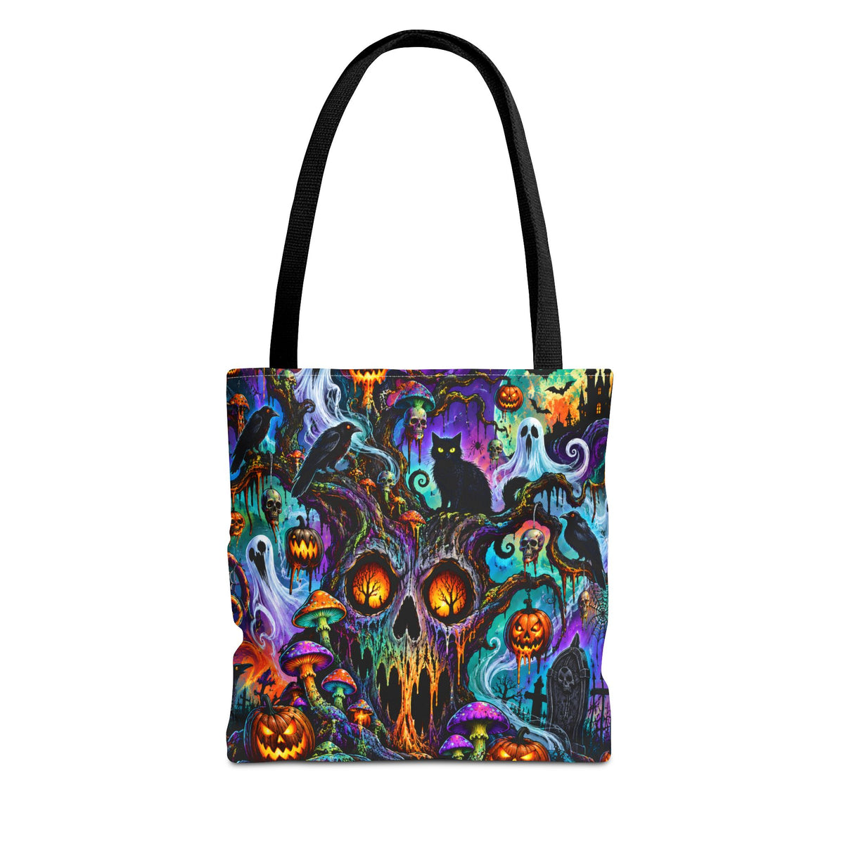Halloween Haunted Pumpkin Tote Bag — Spooky Cat & Ghosts All-Over Print