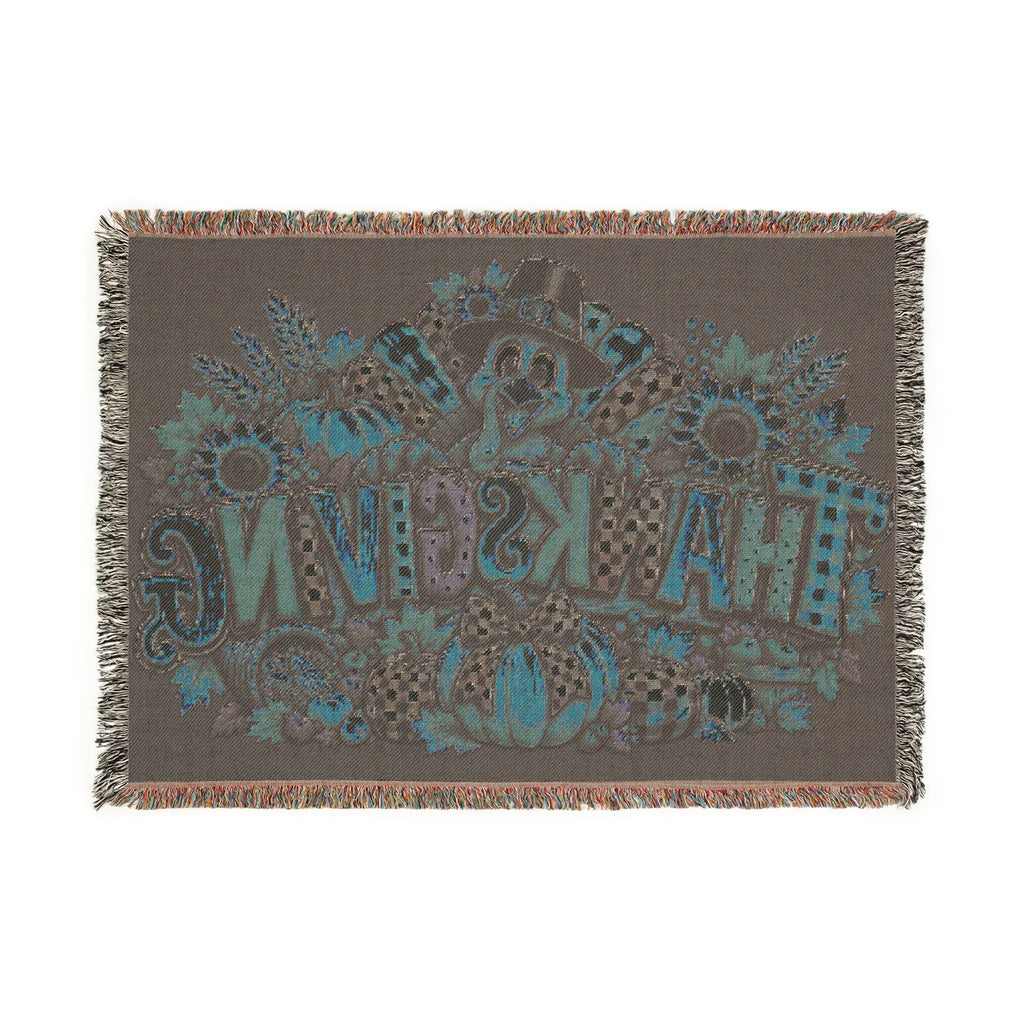 Thanksgiving Turkey Woven Blanket – Fall Harvest Throw with Pumpkins & Sunflowers