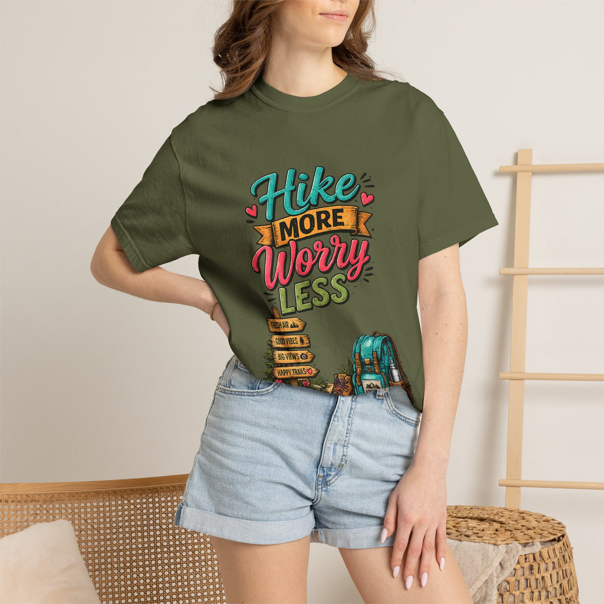 Hike More Worry Less T-Shirt | Hiking Backpack Trail Sign Tee