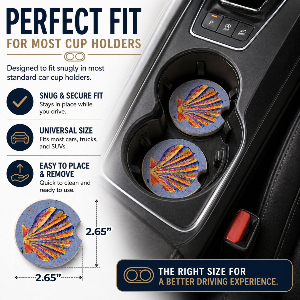 Scalloped Shell on Blue Set of 2 Cup Holder Car Coasters Absorbent Round Sandstone Coasters Gifts for Men or Women, 2.5, Multicolor