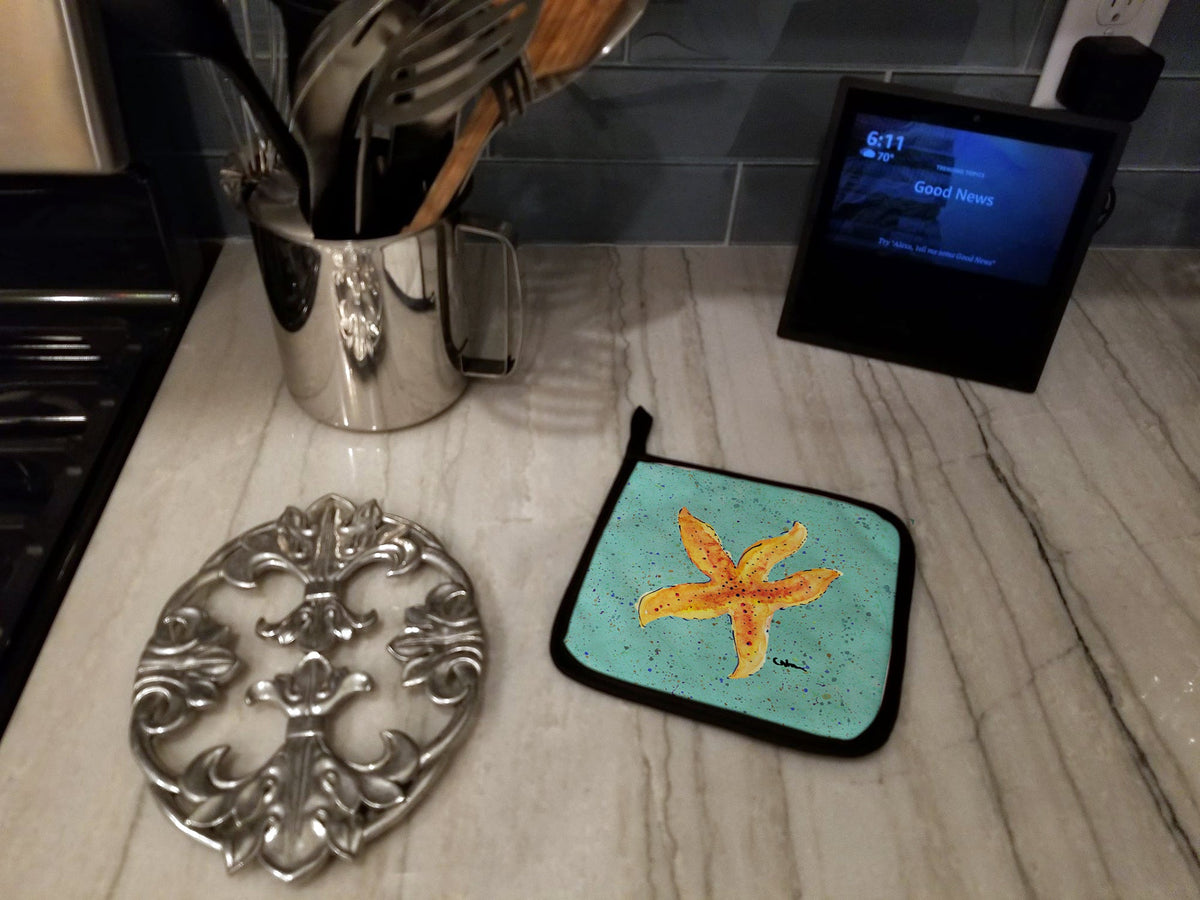 Starfish on Teal Pot Holder Set of 2 Heat Resistant Quilted Hot Pads 7.5 x 7.5 Inch, Insulated Kitchen Trivets for Cooking & Baking